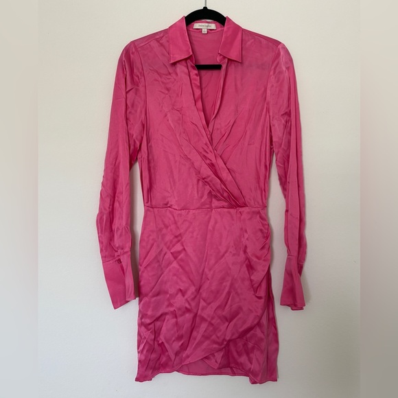 Favorite Daughter the Dinner Party Mini Shirt Dress Flamingo Pink Long Sleeve - Picture 3 of 9